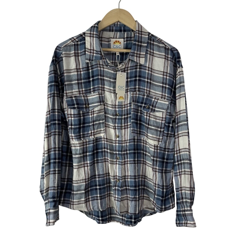C&C California Shirt Women Large Blue Plaid Flannel Cotton Long Sleeve Button Up